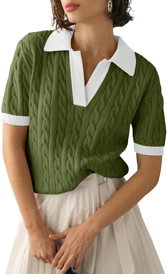 Imily Bela Womens Cable Short Sleeve Sweaters Tops Lapel V Neck Knit Shirt | Solid,Knit Casual,Soft Pullover,Fall Sweaters,Womens Summer Work Tops