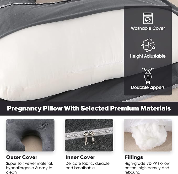 U-Shaped Full Body Pregnancy Pillow for Sleeping – 57" Maternity Pillow with Removable Cover, Support for Back, Legs, Belly & Hips (Velvet -Black)