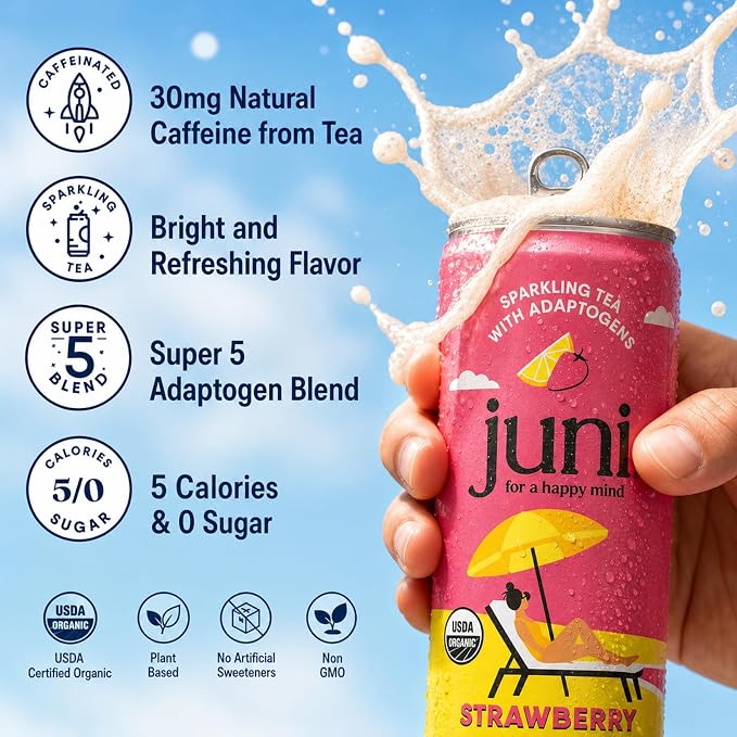 Juni Sparkling Adaptogen Drink with Ashwagandha, Lion’s Mane & Reishi Mushrooms, Green Tea for Focus, Zero Sugar, Strawberry, Watermelon, Lemonade Iced Tea, Variety Pack, 12-pack