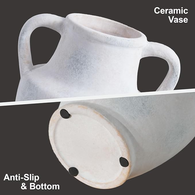 Ceramic Flower Vase with Handles, 8.66 inch Tall Ceramic Vase Farmhouse Rustic Vases Decorative Pottery Vases for Home Decor Living Room Bookshelf Table Centerpiece Desk Bathroom Fireplace, White