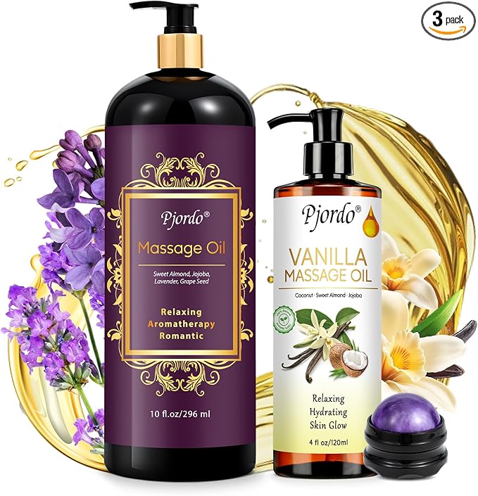 Pjordo Massage Oil for Massage Therapy, Vanilla, Lavender Oil, with Massage Roller Ball, Massage Oils for Muscle Relaxing, Calming, Soothing & Moisturizing, Spa Gift Set for Her and Him