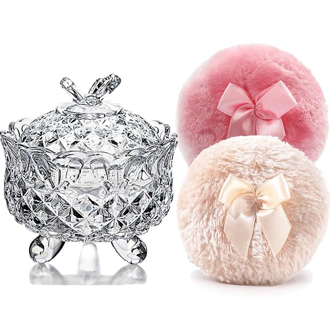 Luxury 4 Inch Glass Loose Powder Container with 2 Soft 3.5" Puffs｜Non-Sealed Refillable Organizer Storage for Body Powder Makeup & Jewelry & Setting Applicator(Butterfly-Clear)