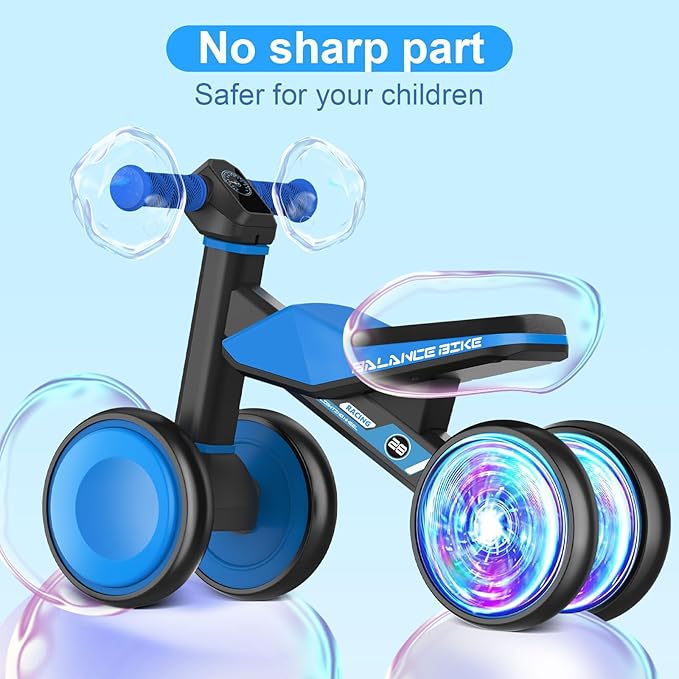 Colorful Lighting Baby Balance Bike Toys for 1 Year Old Boys Gifts, Toddler First Bike 12-24 Months with Adjustable Soft Seat, 4 Silent Wheels Ride on Toy, Perfect First Birthday Gift