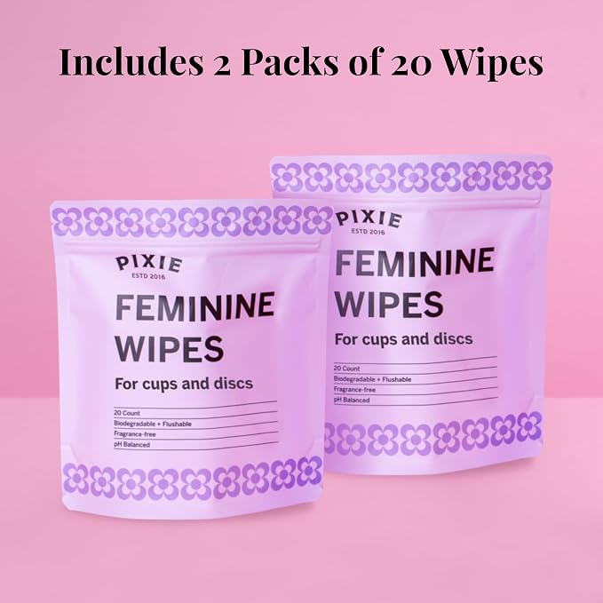 Pixie Feminine Wipes - Flushable, Biodegradable, & Ph Balanced - Individually Wrapped Packet Wipes for On The Go & Public Bathrooms - Wash & Cleaner For Your Menstrual Cups & Discs (2 Packs of 20)