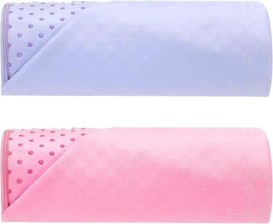 Peryiter 2pack 72 x 24'' Hot Yoga Towel Pack with Grip Dot, Sticky Fiber Mat Towel Non Slip for Hot Yoga, Absorbent Microfiber Sweat Anti-Slip Cover for Pilates Exercise Fitness Workout(Purple,Pink)