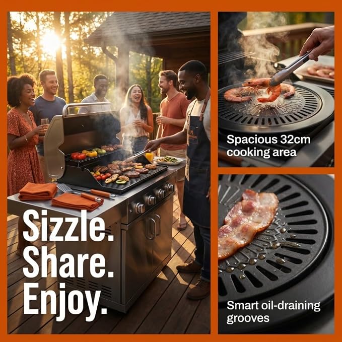 Korean BBQ Grill Pan - Round Iron Roasting Tray Nonstick Oil Drain Design 32 cm for Indoor Outdoor Barbecue Meat Vegetables