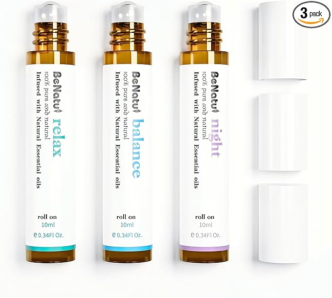 Essential Oil Set (Relax, Night, Balance), Aromatherapy Roll On Blends for Massage, Body Care & Home Use, Great Fragrance Gift for Men & Women Relaxation