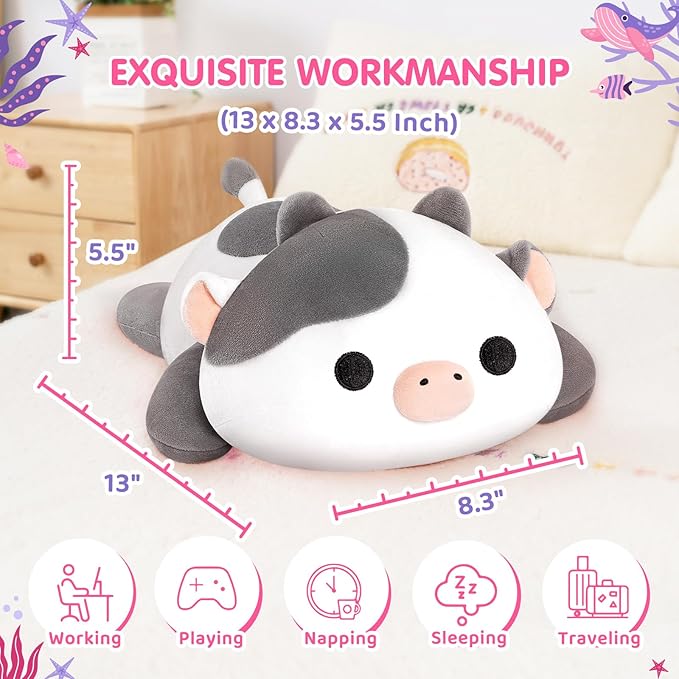 Cute Cow Plush Pillow, Kawaii Plushies White Cow Stuffed Animals, Squishy Plushies, Cuddle Plush Pillow for Kids & Girls (13 Inch)
