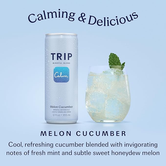 TRIP Lightly Sparkling Adaptogen Drink, Non Alcoholic Drink with Magnesium, Ashwagandha, Lions Mane & L Theanine, No Added Sugar Mocktail, Vegan, Melon Cucumber, 12 Oz, 12Pk