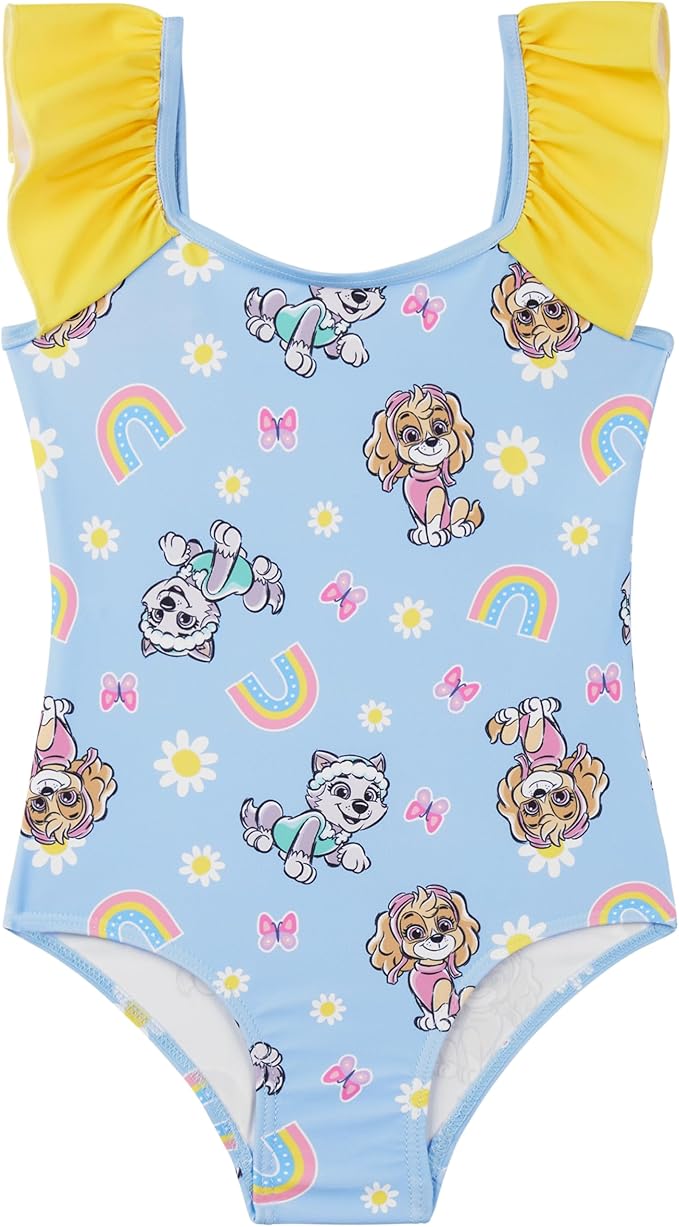 Paw Patrol | Bluey Girls Swimsuit, One Piece Toddler Bathing Suit with Ruffle Shoulder UPF 50+ Pool, Beach Swimwear