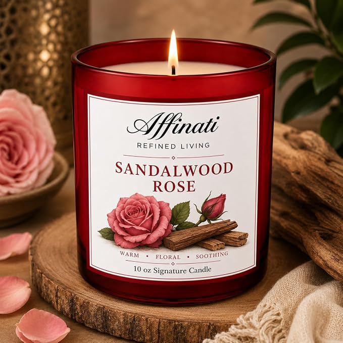 Affinati Sandalwood Rose 10 oz Scented Candle – Long Lasting Luxury Soy Blend Candle for Home, Strong Scent Throw Rich Woody Floral Aromatherapy Candle, Premium Clean Burning Gift for Women