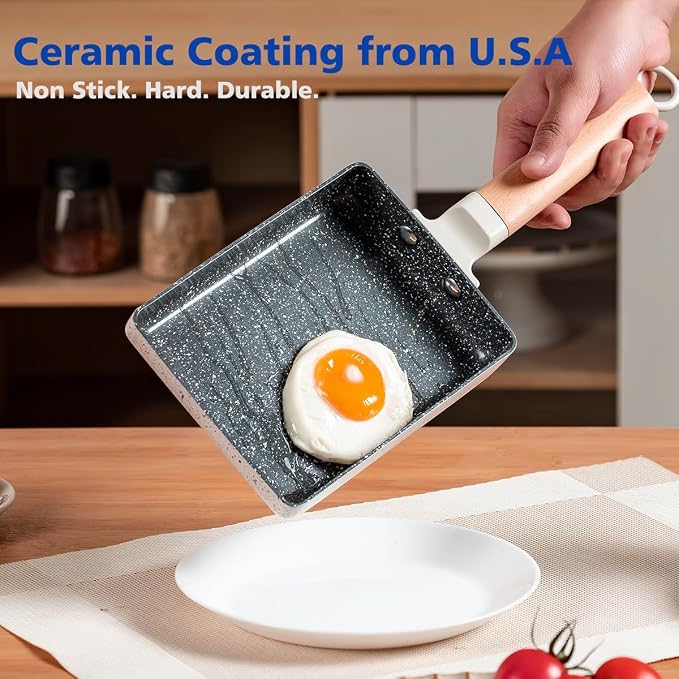 Ceramic Coating Square Japanese Tamagoyaki Omelette Small Skillet, Non-stick Rectangle Egg Roll Pan with Wood Handle