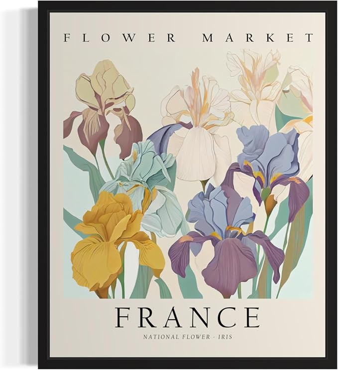 France, Iris Art Print Poster, Flower Market Wall Art, Floral Artwork Decor for Bedroom, Kitchen, Bathroom, Livingroom Decoration 52 (France, Iris, 20"L x 16"W, Black Frame)