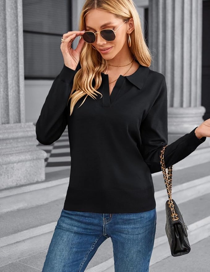 Women's Long Sleeve Classic V Neck Casual Fall Winter Polo Sweater Tops | Basic Collared Knitted Fashion Work Business Formal Daily Wear Versatile Pullover Shirts