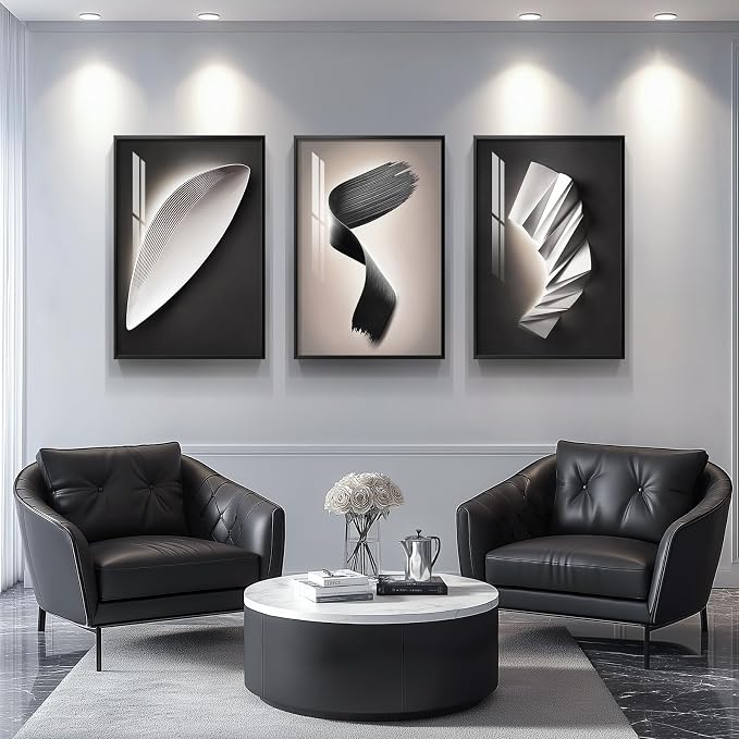 Large Framed Modern Abstract Wall Art 3 Piece Set, Black and White Decorative Artwork, Minimalist Trendy Line Geometric Bright Style Pictures Prints for Living Room Hallway and Office 20x30 Inch