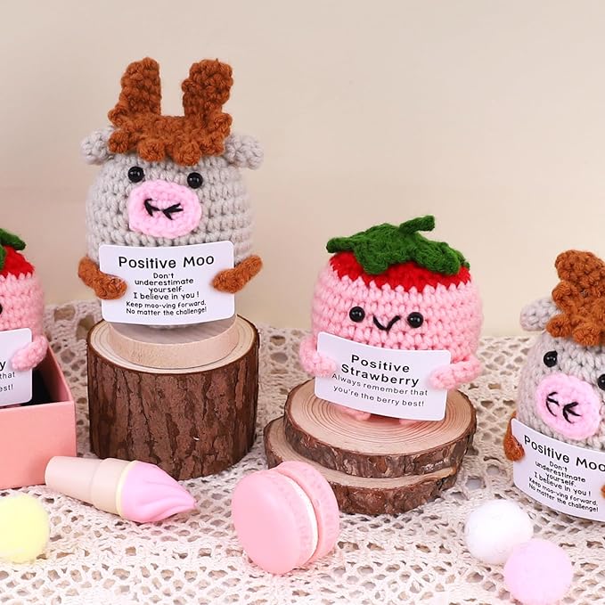 PARTY TONIGHT Funny Positive Crochet Animals Cow Gifts,Handmade Knitted Positive Moo for Women Men Lover Emotional Support Crochet Cow Inspirational Birthday Office Home Decor