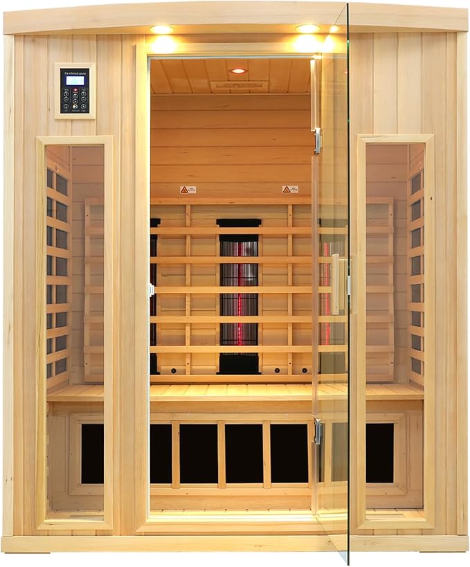 Ceramic Infrared Sauna 3 Person, Low EMF Infrared Saunas for Home, Hemlock Indoor Sauna Room, 2- in - 1 Heating Panels, Bluetooth Speakers, Chromotherapy Lights