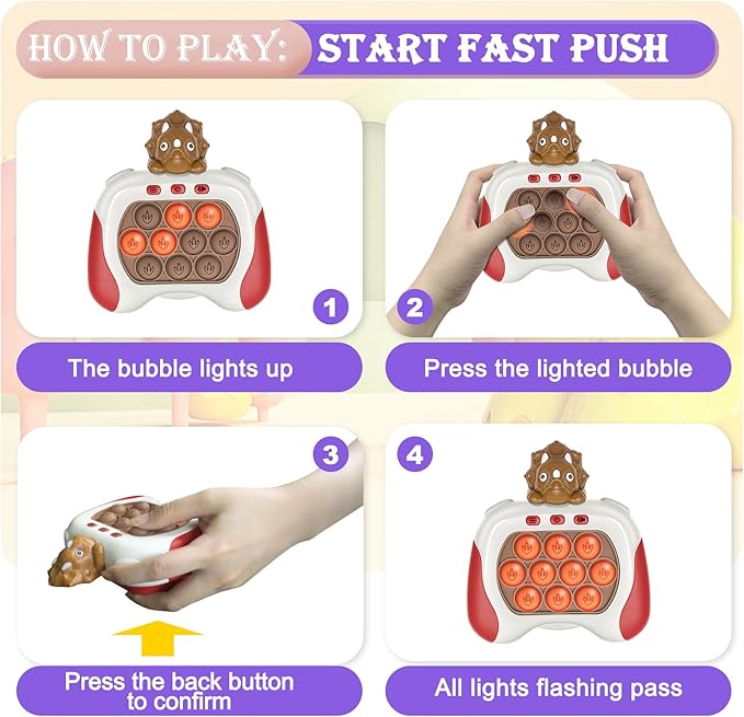 Fast Push Pop Game Light Up Dinosaur Fidget Toy for Kids Ages 3-12 Quick Push Bubble Pop Puzzle Games Handheld Pocket Game Sensory Toys Gifts for Kids 3 4 5 6 7 8+ Years Old Boys Girls Teens
