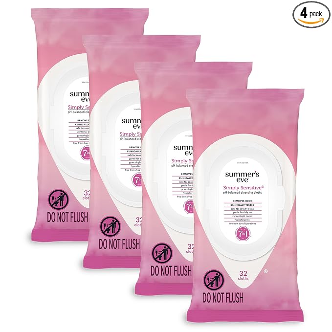 Summer's Eve Simply Sensitive Feminine Wipes, Gentle pH-Balanced Micellar Water Based Formula Helps Control Vaginal Odor, Resealable Pack, 32 Wipes, Pack of 4