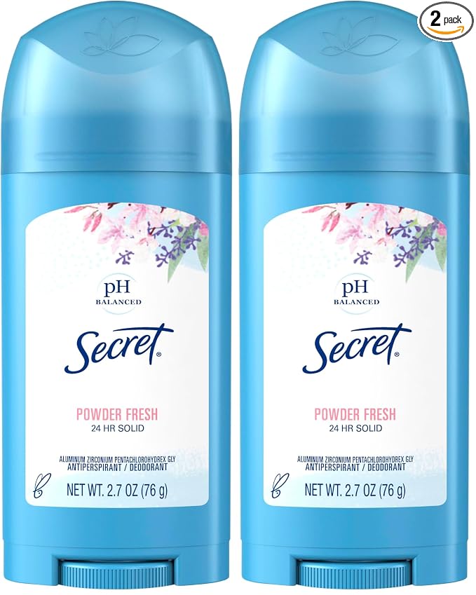 Secret Antiperspirant and Deodorant for Women, 24hr Sweat and Odor Protection, PH Balanced, Gentle on Skin, Wide Solid Deodorant Stick, Powder Fresh Scent, 2.7 oz (Pack of 2)