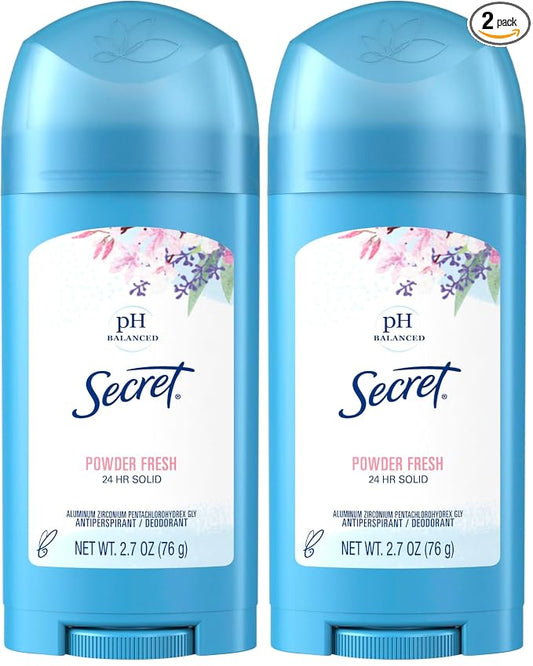 Secret Antiperspirant and Deodorant for Women, 24hr Sweat and Odor Protection, PH Balanced, Gentle on Skin, Wide Solid Deodorant Stick, Powder Fresh Scent, 2.7 oz (Pack of 2)