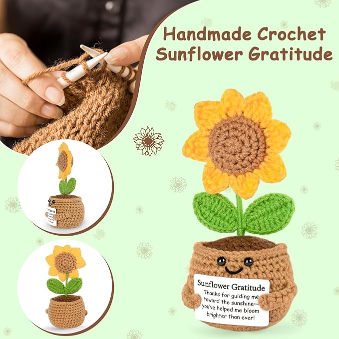 Mini Funny Crochet Sunflower Gift – Handmade Inspirational Emotional Support Plushie for Women, Men, Friends, Coworkers, Teachers – Uplifting Encouragement Gift for Birthday, Graduation, Christmas