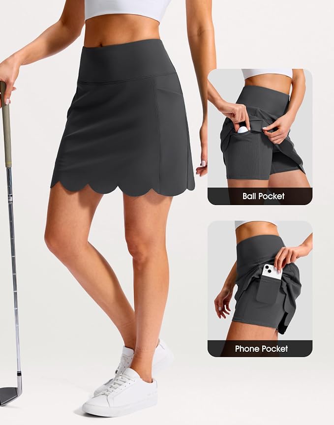 16" Skorts for Women with 4 Pockets High Waisted Scalloped Hem Athletic Tennis Skirt Golf Skort Dressy Casual