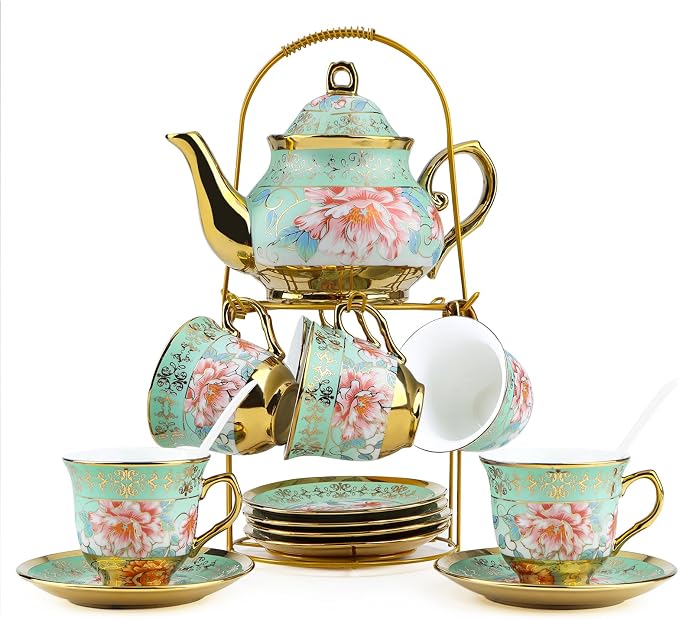 20Pcs European Ceramic Tea Set with Metal Stand, Porcelain Vintage Floral Tea Cup and Saucer Set for 6 People, Complete Gift Set with Teapot, Spoons for Wedding, Bridal Shower, Afternoon Tea Party