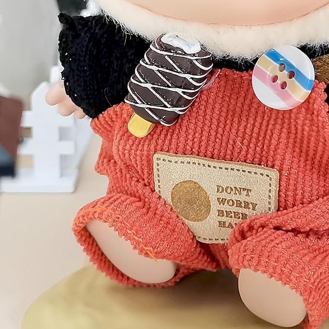 Doll Clothes for 17cm Dolls, Cute Outfit Set with Accessories, Bucket Hat and Overalls (No Doll) (Orange Overalls Set)