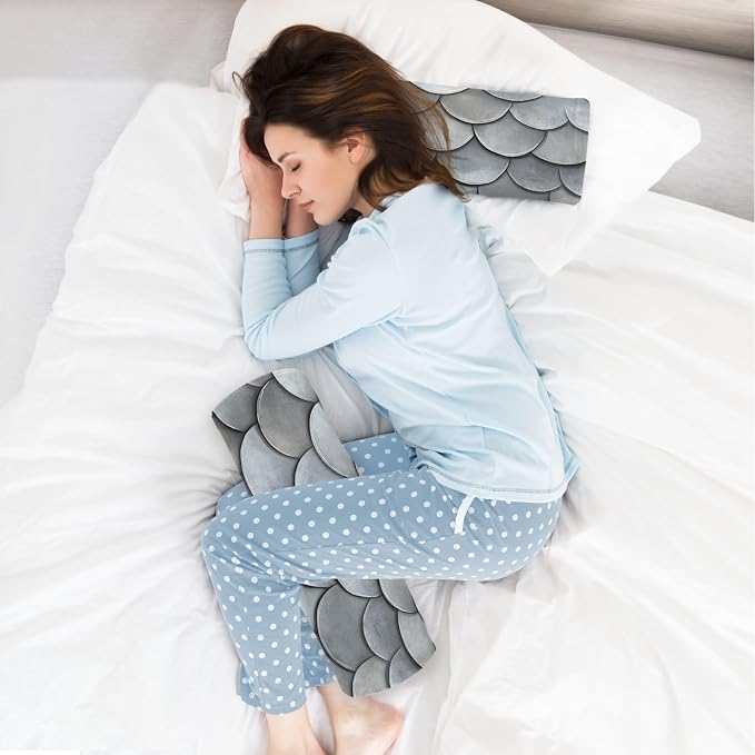 Grey Fish Scale Neck Roll Pillow Bolster Round Health Memory Foam Long Cervical Cylinder Pillows with Removable Washable Cover for Body Bed Legs Back Yoga