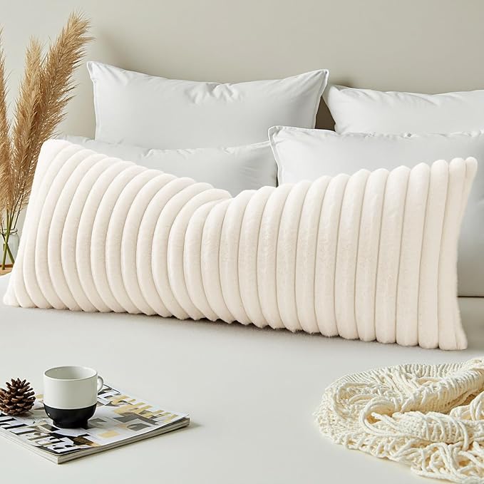 decorUhome Fall Faux Fur Throw Pillow Covers 14x36 Pack of 1 Cream White | Decorative Soft Cozy Striped Plush Modern Farmhouse Boho Couch Pillow Cases Velvet Back for Sofa Bed Living Room Home Decor