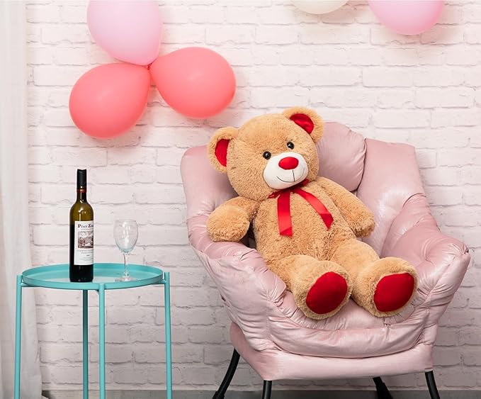 Big Teddy Bear Stuffed Animal Giant Teddy Bear Plush with Red Ribbon Bow Plush Toy Gift for Girlfriend Birde 36 inch Tan