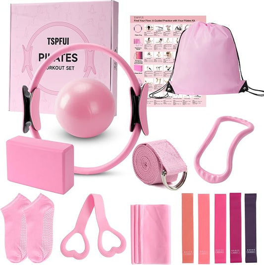 Pilates Kit, Home Pilates Workout Kit for Women, Pilates Equipment with Pilates Ring and Ball, Yoga Block & 5 Resistance Bands, Ankle Weights, Sliders & Grip Socks, Workout Guide Included