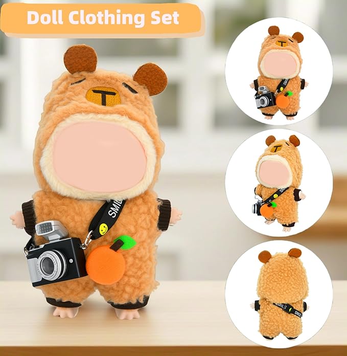 3-Piece Knit and Plush Doll Outfit Set for 17cm Collectibles - Plush Bear Hoodie Set (Hoodie+Outfit+Camera) - No Doll Included