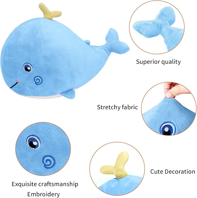 Squirting Whale Stuffed Animals Plush Pillow Cute Soft Cotton Plushies Pillows Kawaii Whale Toy Decor Gifts for Kids Boys Girls Adults (Blue, 10 Inch