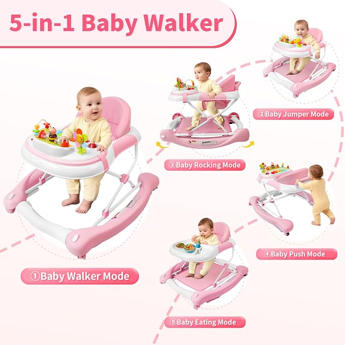 5 in 1 Baby Walker, Music and Lights Walker for Baby Boy Girls 6-12 Months, Foldable Baby Walkers with Wheels and Bouncer Combo Portable, Toddler Infant Walker with Adjustable Height