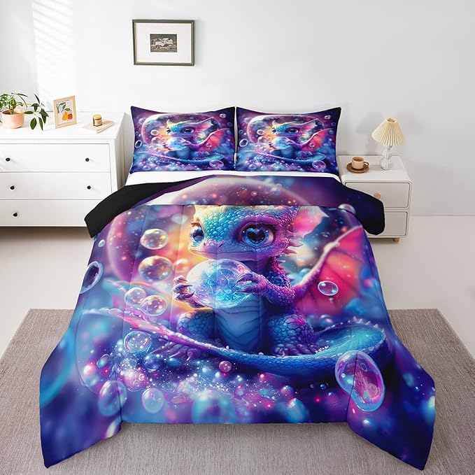 Feelyou Dragon Comforter Set Twin Size Kawaii Comforter for Boys Girls Teens Wild Life Bedding Set Dragon Decor Duvet Set Room Decor Purple Blue Quilt Set