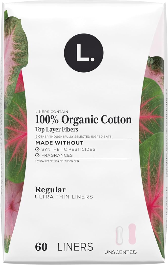 Liners for Women, Organic Cotton Top Layer, Regular Coverage, Pantiliners Made Without Synthetic Pesticides and Fragrances, Hypoallergenic and Gentle on Skin, 60 Count
