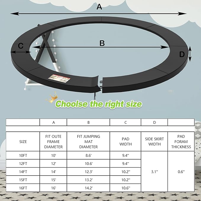 Trampoline Pad, 10FT 12FT 14FT Trampoline Replacement Safety Pad, Universal Trampoline Pads, Spring Cover, Waterproof, Tear Resistant, Round Arch Trampoline Parts for Kids