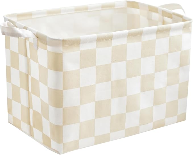 Ohocut Beige White Checkered Canvas Basket, Rectangular Organizing Decorative Storage Basket for Kids Dog Toy, Cute Aesthetic Race Cars Boy Room Decor for Home, Kitchen, Bedroom, Classroom, Shelves