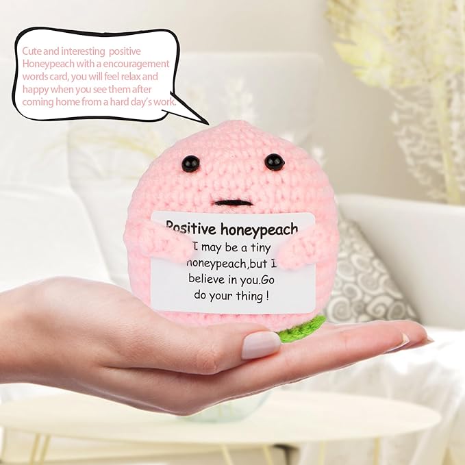 Hoedia Handmade Emotional Pickle Gift, Emotional Cucumber Crochet Doll Inspirational Gifts with Cards, Cute Knitted Funny Support Pickle Potato Friend Birthday (Positive Honey Peach)