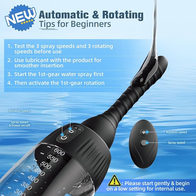 Automatic Anal Douche Rotating Enema - 20oz/600ml Douches for Men and Women, 360° Deep Cleansing Enemas for Colon Cleanse Men, 3 Adjustable Water Speeds & 3 Rotating Speeds, Remote Control Enema Kit