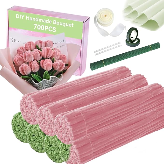 700pcs (Pink and Green) Tulips Pipe Cleaners, DIY Flower Bouquet Kit Chenille Stems,Flower Making Craft Materials(56Flowers),Art and Craft Supplies