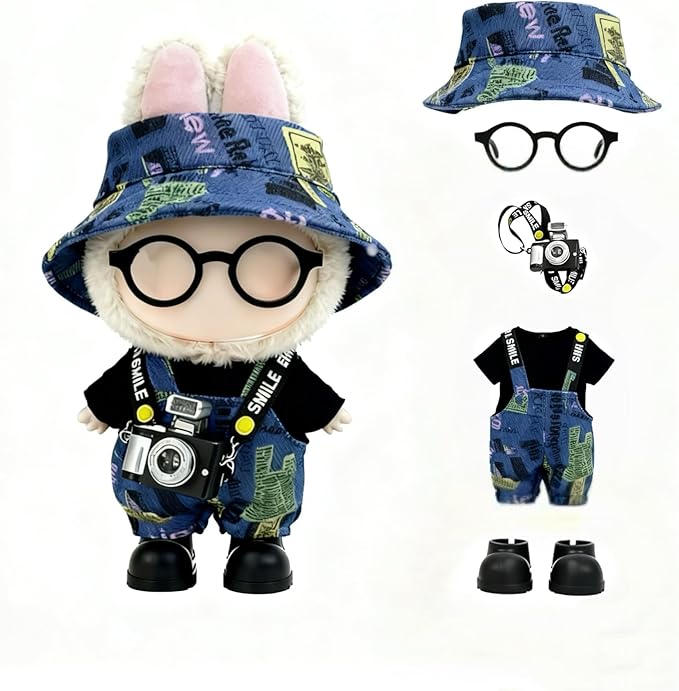 17cm Doll Clothes – 6-Piece Set, Hat + Overalls + Shirt + Camera + Glasses + Shoes, Cute and Premium Dolls Outfit Accessories (Graffiti Blue)