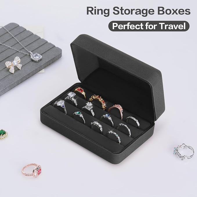 KUKUVR Velet Jewelry Ring Storage Box for Multiple Rings (Black) | Travel Jewelry Case with 3 Slot Ring Display Organizer