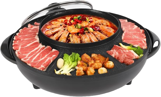 Hot Pot and Grill Combo Electric 2 in 1 Korean BBQ Grill Indoor Shabu Shabu Pot Electric Hot Pot with Grill for Hotpot BBQ, Barbecue & Grill (1350W)