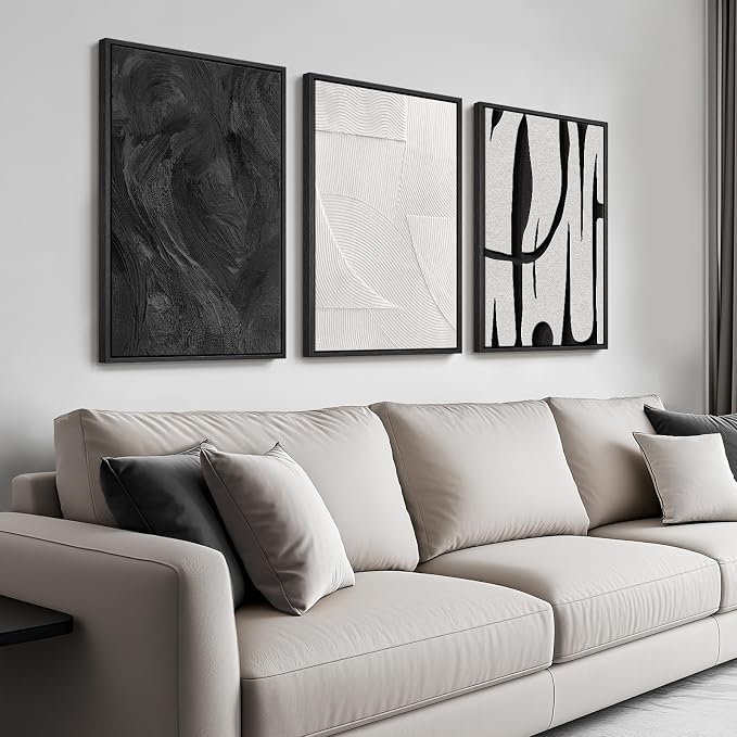 Framed Black and White Abstract Wall Art, 3 Piece Modern Canvas Prints Paintings Art for Walls, Minimalist Black White Abstract Pictures for Living Room Bedroom Dining Room Office Wall Decor 16x24 In
