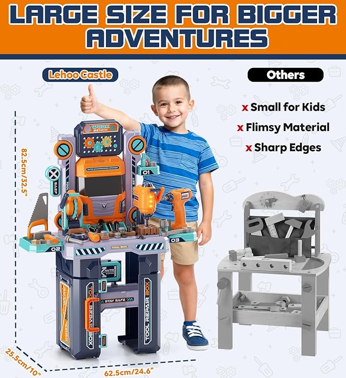 Lehoo Castle Kids Tool Bench (32.5 Inches Tall), Toddler Tool Set with Electric Drill, 2-in-1 Workbench and Toolbox, Pretend Play Tool Toys for Age 3-5, Birthday Gift for Boys