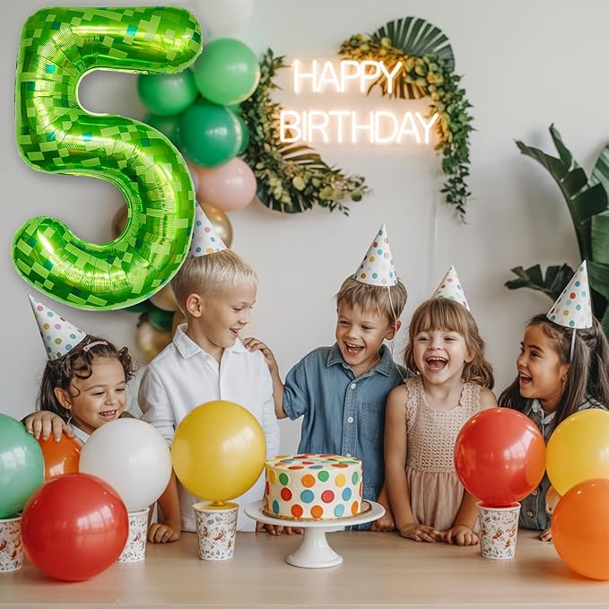 Foil 5 Balloons Number, 40 Inch Dark Kelly Green Pixel Number 5 Balloon for Boys, Big Lime Green Self Inflating 5 Balloon for Kids 5th Birthday Video Game Forest Golf Patrick's Day Party Decorations