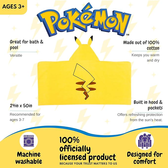 Pokemon Pikachu Kids Super Soft Bath/Pool/Beach Soft Cotton Terry Hooded Towel Wrap, 24 in x 50 in, (Officially Licensed Product) By Franco